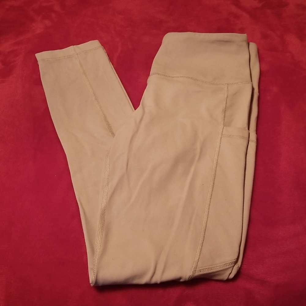90 DEGREE BY REFLEX LEGGINGS, SIZE MED, BEIGE, 2 POCKETS ON LEGGS, ONE IN WAIST